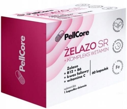 Zdjęcie PellCore Żelazo Sr + Kompleks Witaminy C B6 B12, 60kaps.